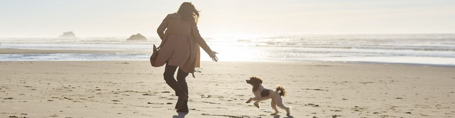 Woman and Dog Running on Beach